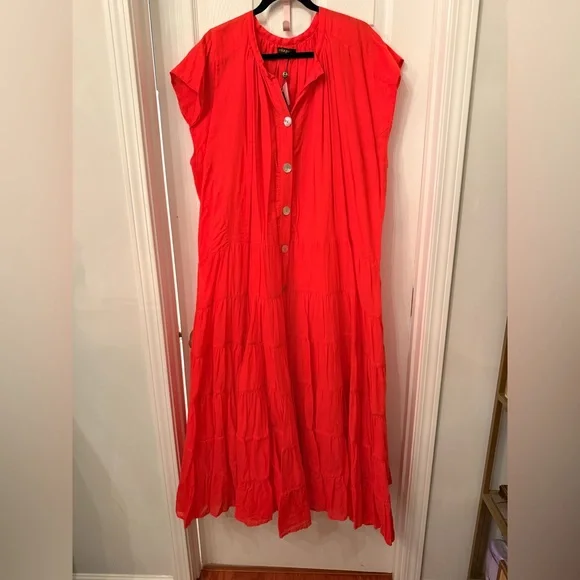 NWT Erika Peña tiered button down midi dress red-orange - Picture 1 of 5